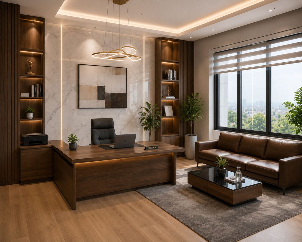 Phòng giám đốc chất liệu gỗ công nghiệp cao cấp kết hợp không gian mở