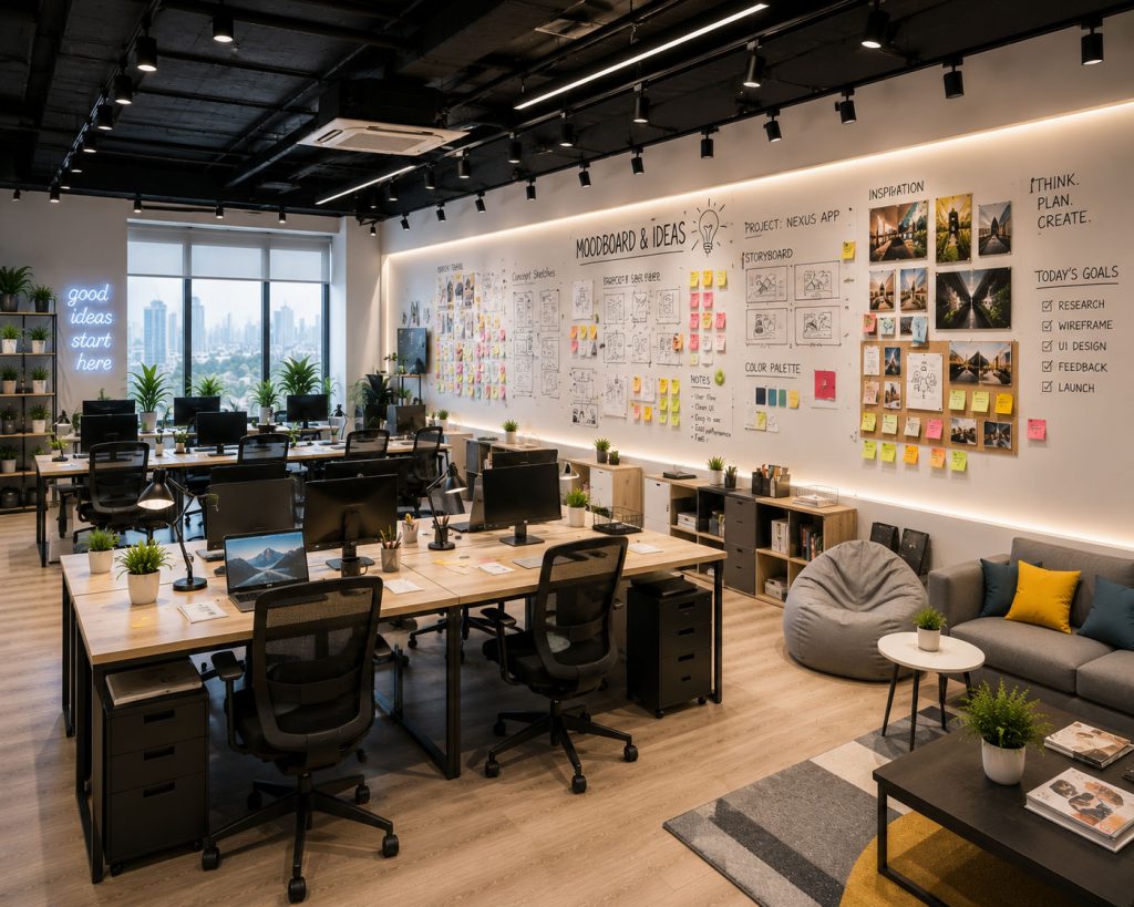 Mẫu 10: Văn phòng 70m2 với vách tường Moodboard toàn phần
