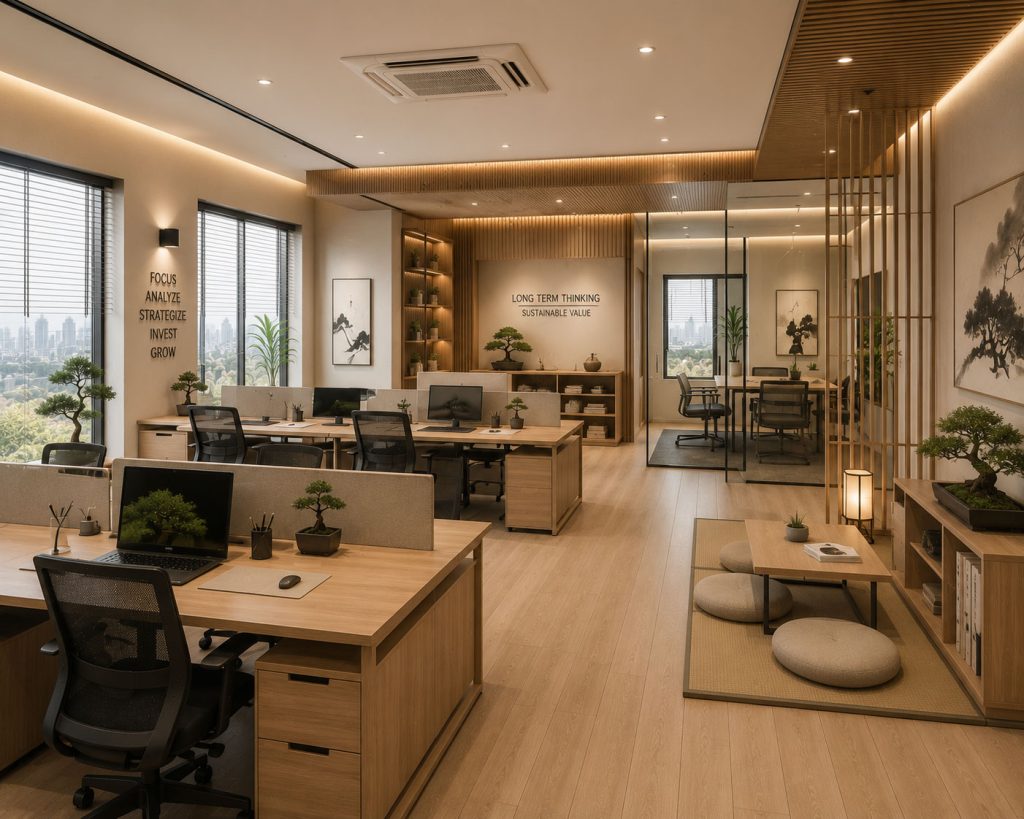Mẫu 13: Văn phòng 70m2 phong cách tối giản kiểu Nhật (Japandi) cho công ty tư vấn đầu tư