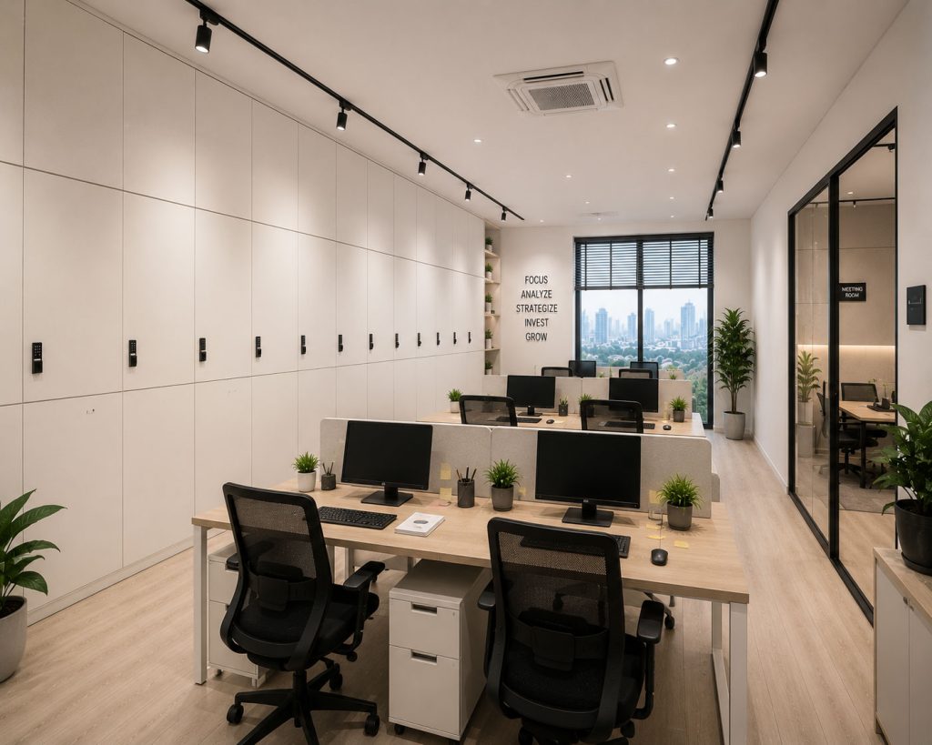 Mẫu 14: Văn phòng 70m2 với hệ tủ tài liệu âm tường kịch trần bảo mật