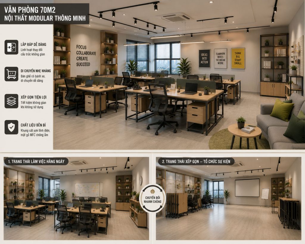 Mẫu 16: Văn phòng 70m2 sử dụng nội thất Modular lắp ráp thông minh