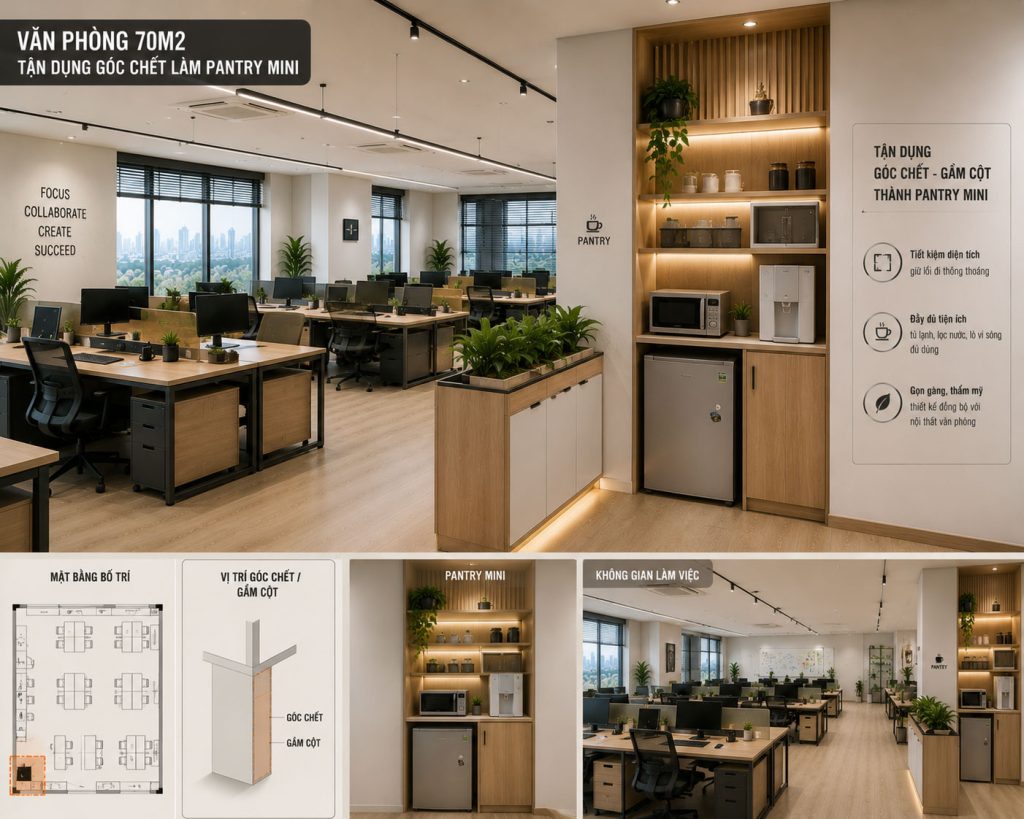 Mẫu 17: Văn phòng 70m2 tận dụng gầm cột/góc chết làm khu Pantry mini