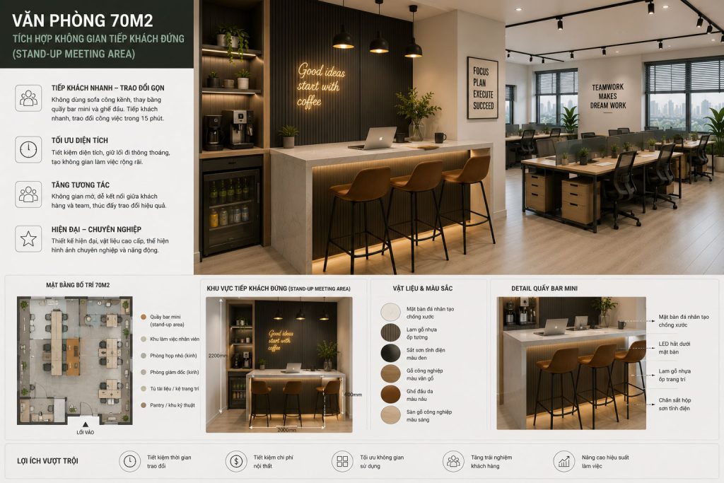 Mẫu 19: Văn phòng 70m2 tích hợp không gian tiếp khách đứng (Stand-up meeting area)