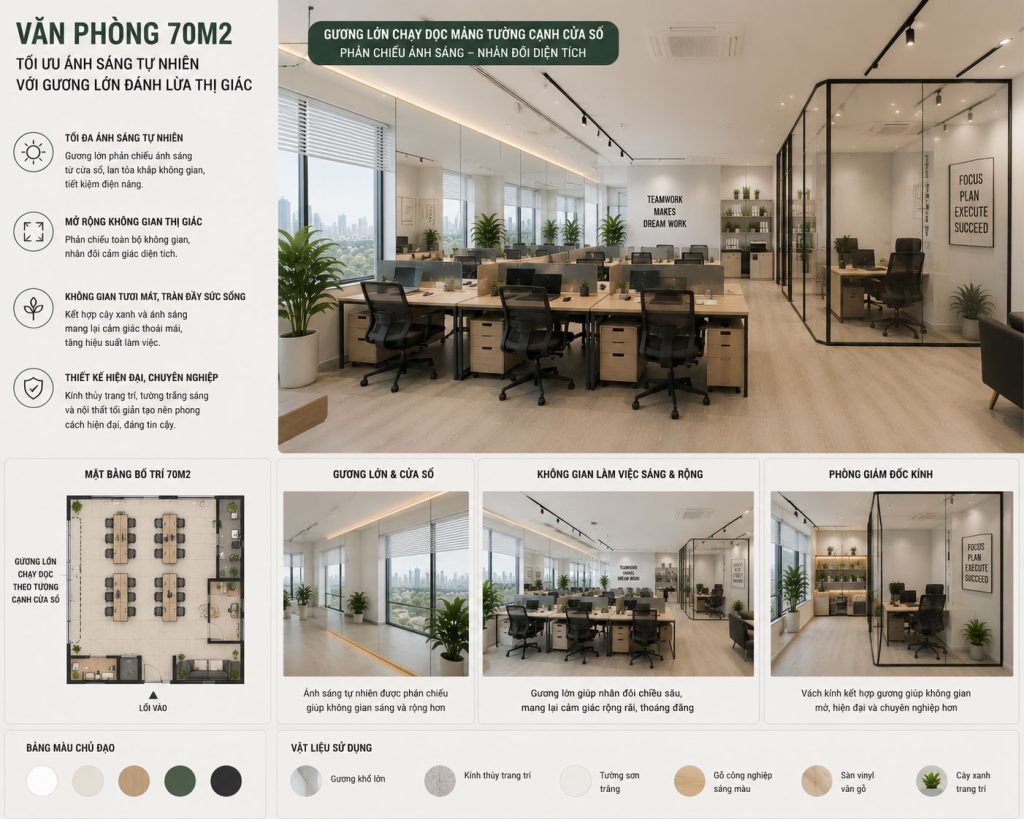 Mẫu 20: Văn phòng 70m2 tối ưu hóa ánh sáng tự nhiên với gương lớn đánh lừa thị giác