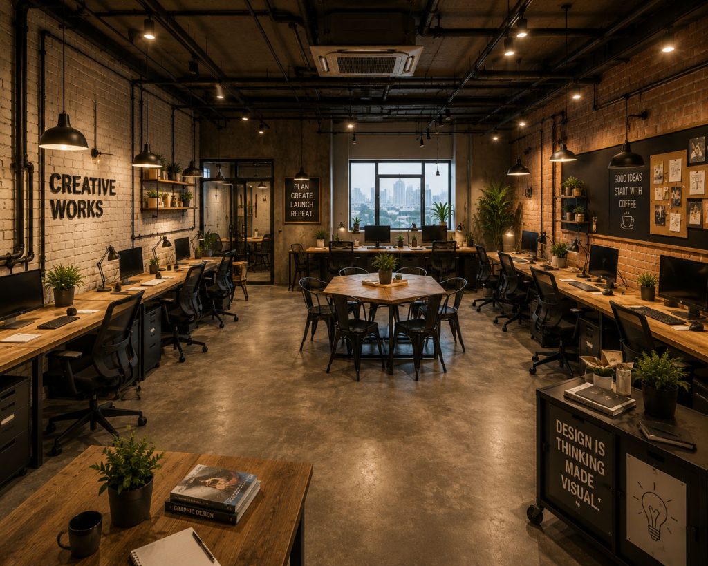 Mẫu 8: Văn phòng 70m2 phong cách Industrial thô mộc cho Creative Agency