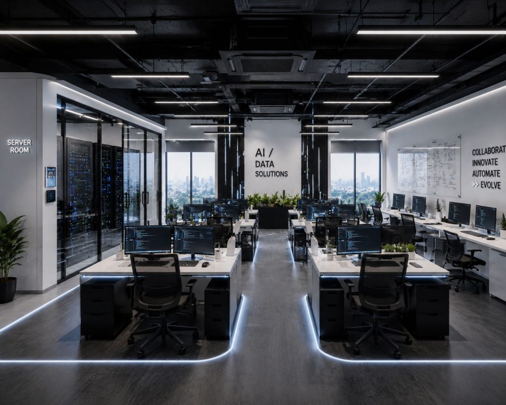 Mẫu 4: Văn phòng Startup AI/Data tích hợp phòng Server nhỏ gọn