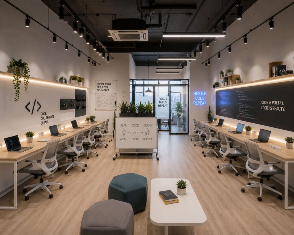 Mẫu 5: Văn phòng 70m2 phong cách Code-Hub năng động, không bàn cố định (Hot-desking)
